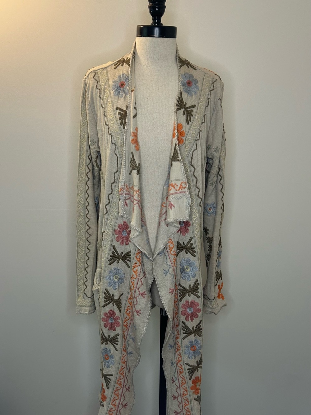 JOHNNY WAS BIYA Beige Boho Cardigan Sweater Open Front Embroidered Womens S